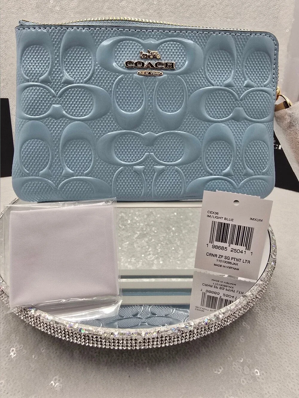 Coach Light Blue Pearlized Signature Patent Leather Wristlet Pouch